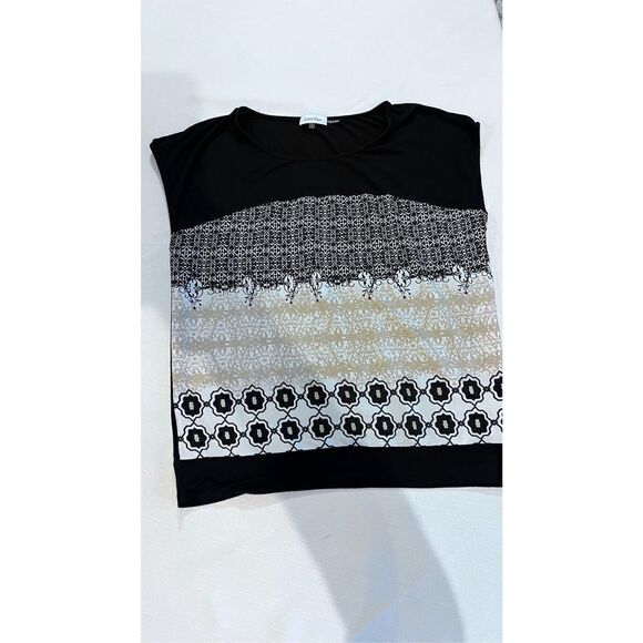 Calvin Klein Women's Sleeveless Top Shirt Patterned Stretch Black White Large - Picture 3 of 10